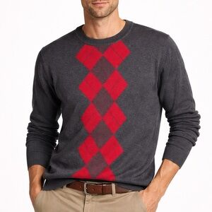 Perry Ellis Charcoal and Crimson Argyle Crewneck Sweater